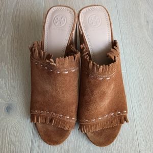 TORY BURCH Huntington Suede Slides Fringe Detail Cork Heel